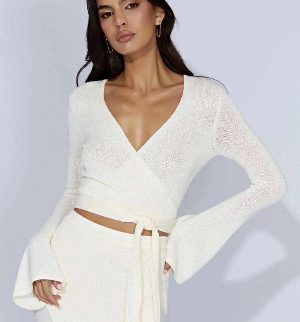 MESHKI | Cream bell sleeve wrap Cropped Cardigan Sweater | Extra Small